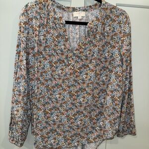 LOFT Bohemian Wildflower Print Blouson Long Sleeve Size LP Split‎ Neck Blouse